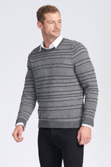 Alpaca fibre L/S Jacquard Crew Neck Jumpers - Mid Grey Combo