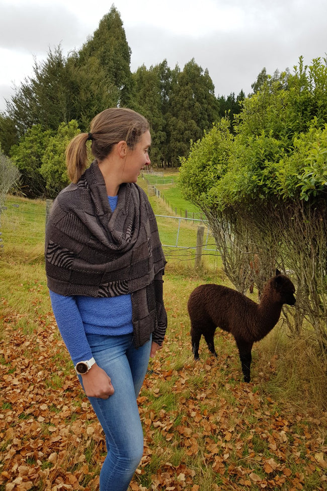 Kate wearing the Cinamon Black Royal Alpaca and Merino Textured Wrap