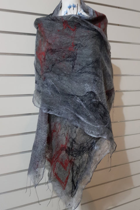 Paj Nuno Felted Alpaca Silk Coloured Scarf - Dark Grey and Red