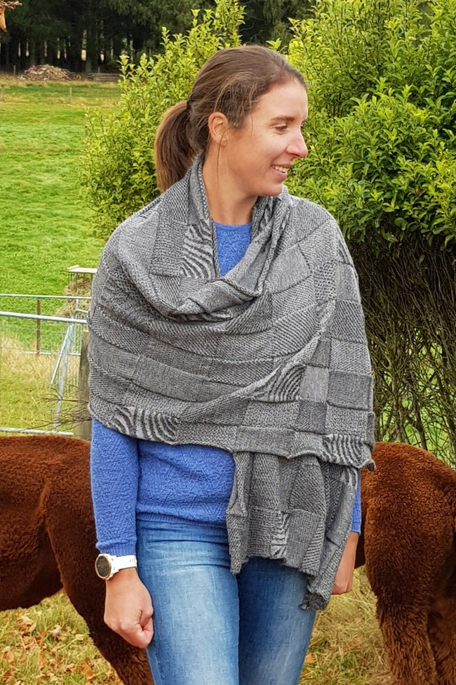 Kate wearing the Dark Grey Charcoal Royal Alpaca and Merino Textured Wrap