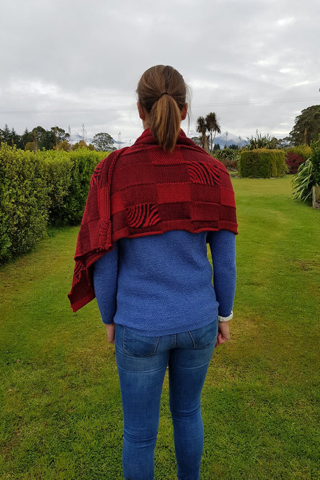 The back of the Red Black Royal Alpaca and Merino Textured Wrap